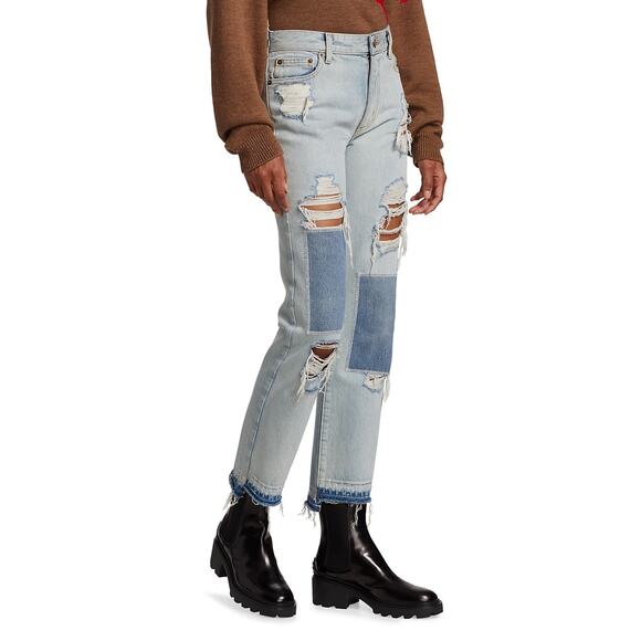 Monse Light Wash Distressed Patchwork High Rise Straight-Leg Jeans` - Picture 5 of 14